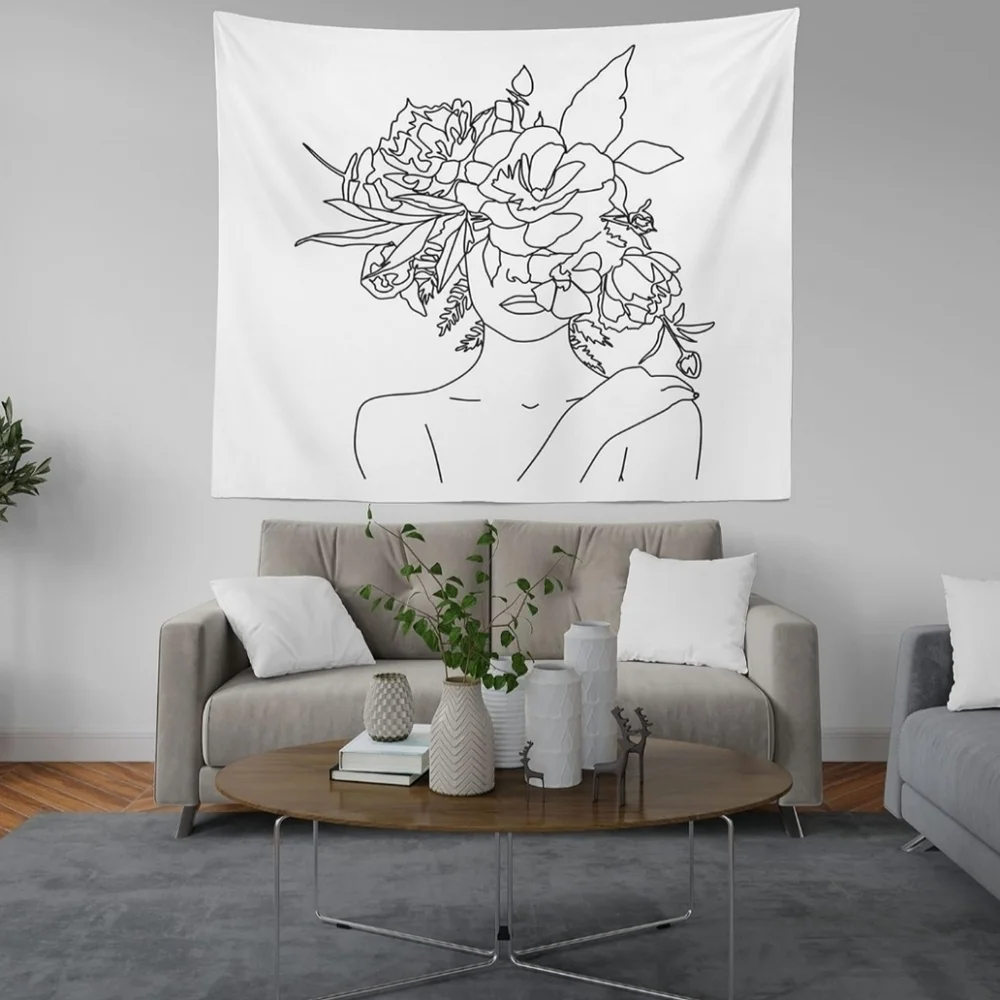 NWT Black & White Floral Woman Line Art Tapestry